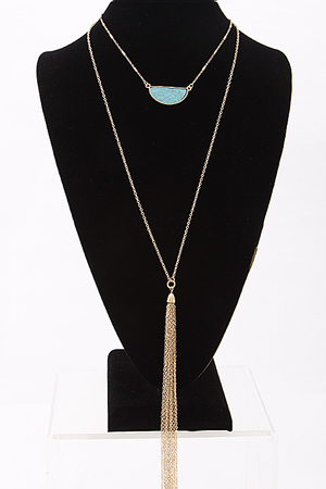 Long Double Layered Necklace With Half Crescent Stone And Tassel 6BAI10